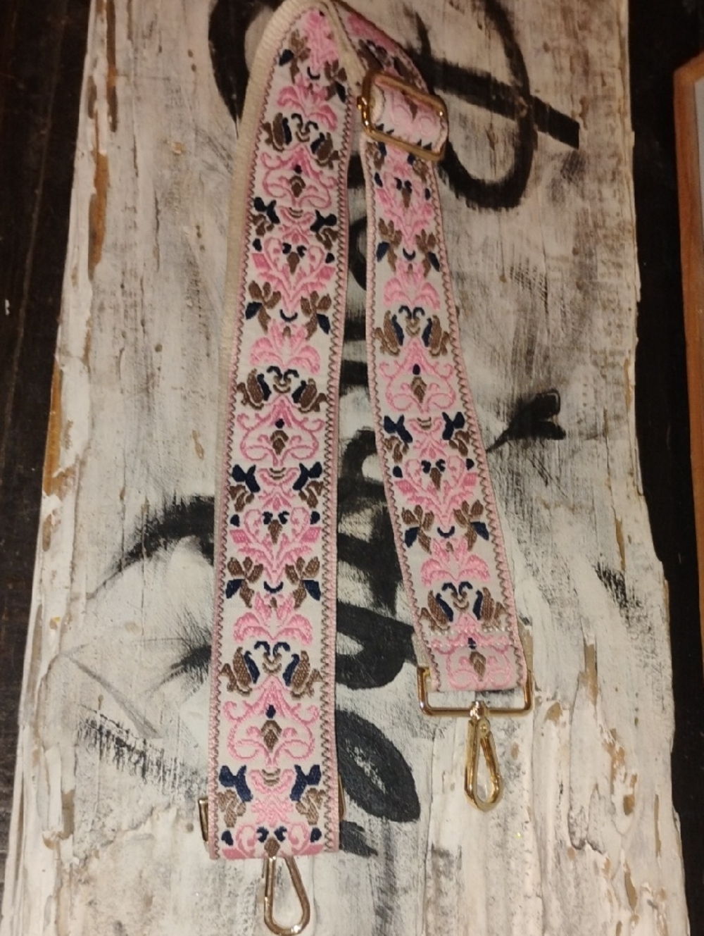 Adjustable Pink Embroidered Guitar-Style Bag Strap with Gold Hardware